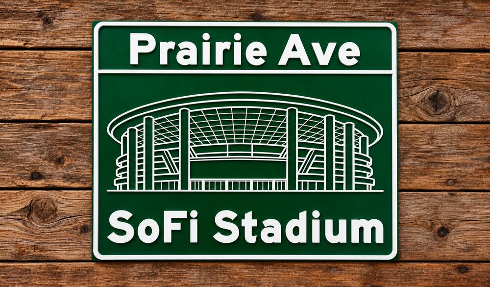 SoFi Stadium Los Angeles California Road Sign Prairie Ave Exit Street Rams